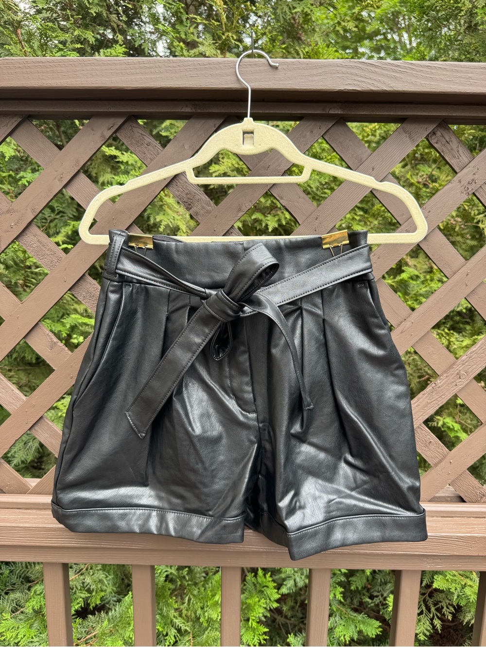 Express Black High-Waist Faux Leather Paperbag Shorts with Tie Belt